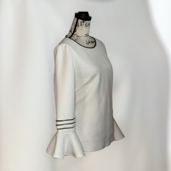 STS Sail to Sable Ivory Bell Sleeve Top 3/4 Sleeve Detailing Brown Trim Top Sz M - Picture 3 of 8